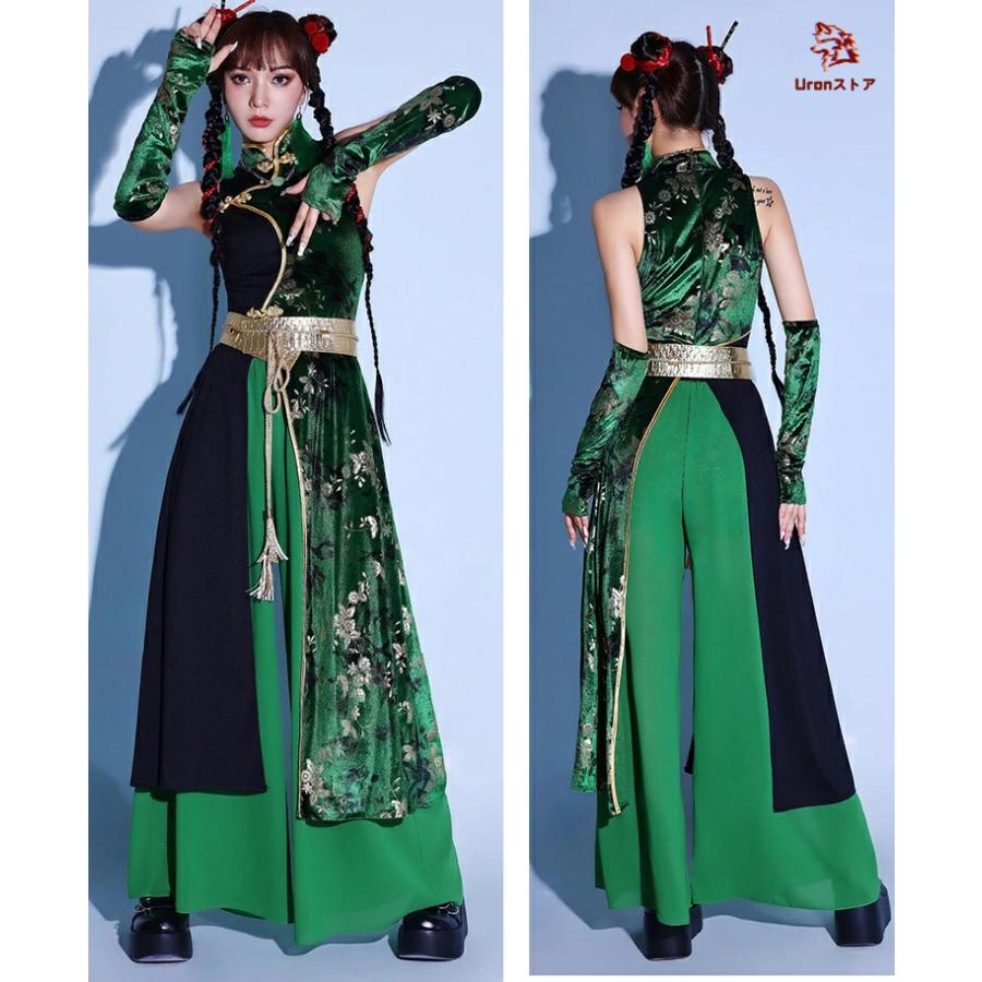 中国風 緑 花柄 ダンス衣装 かっこいい セットアップ 大人 レディース