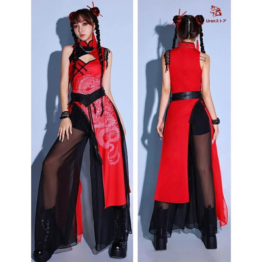 【美品 社交ダンス衣装】上下セット トップス スカート ツーピース 赤 黒 金 大人 レディース 中国風 アイドル 赤 ダンス衣装 セットアップ