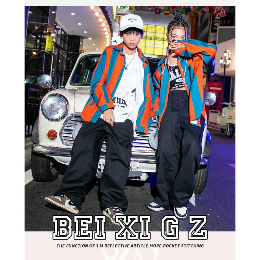 子供ダンス 2点セット ストライプシャツ カーゴパンツ オレンジ ダンス