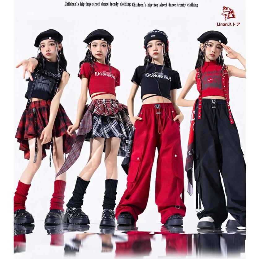 キッズダンス衣装 チア ヘソ出し 女の子 黒 赤 ジャズ トップス