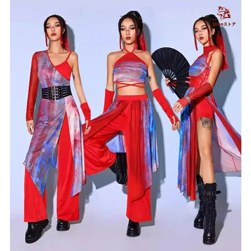 赤 青 タイダイ柄 レディース ダンス衣装 セットアップ チャイナ風