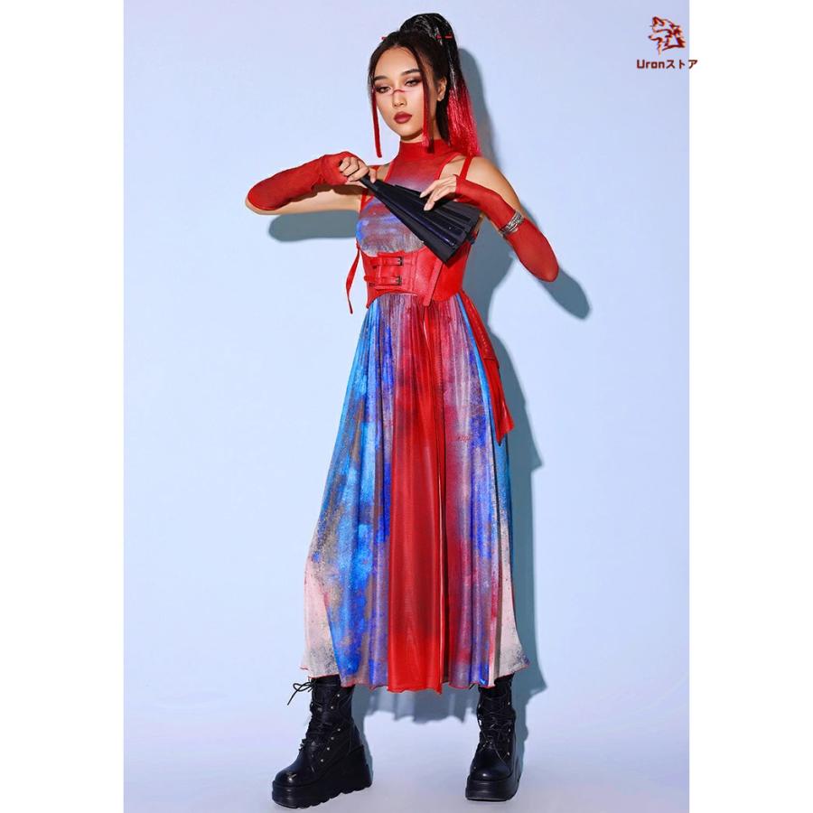 赤 青 タイダイ柄 レディース ダンス衣装 セットアップ チャイナ風