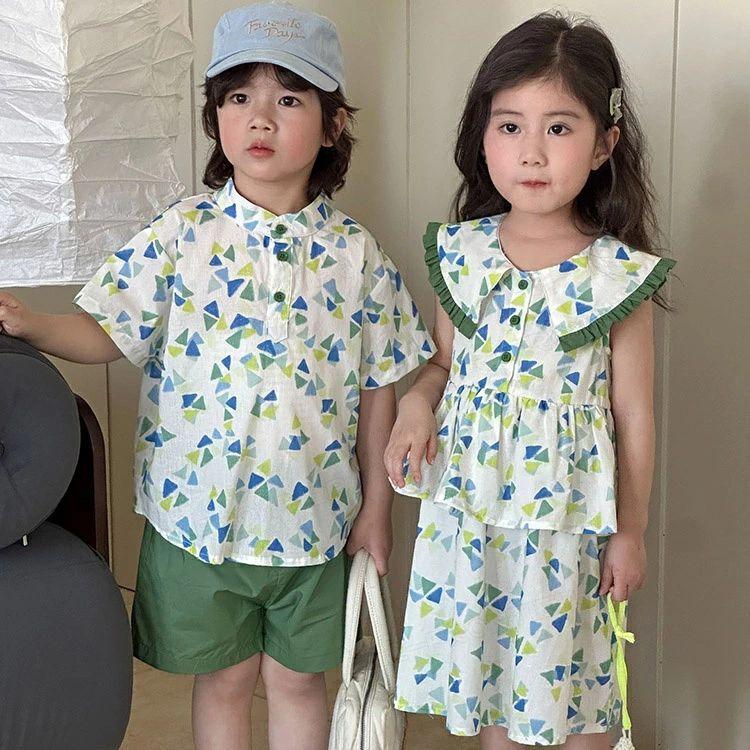 兄妹 お揃い 子供服 セットアップ ワンピース シャツ ハーフパンツ 