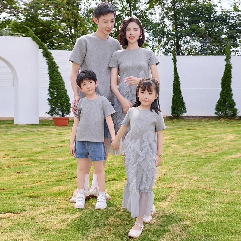 親子 夏服tシャツ グレー レース ワンピース パッチワーク ワンピ