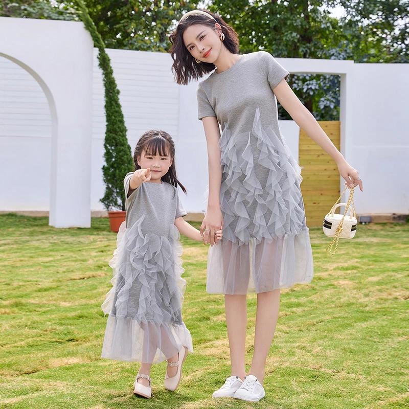 親子 夏服tシャツ グレー レース ワンピース パッチワーク ワンピ