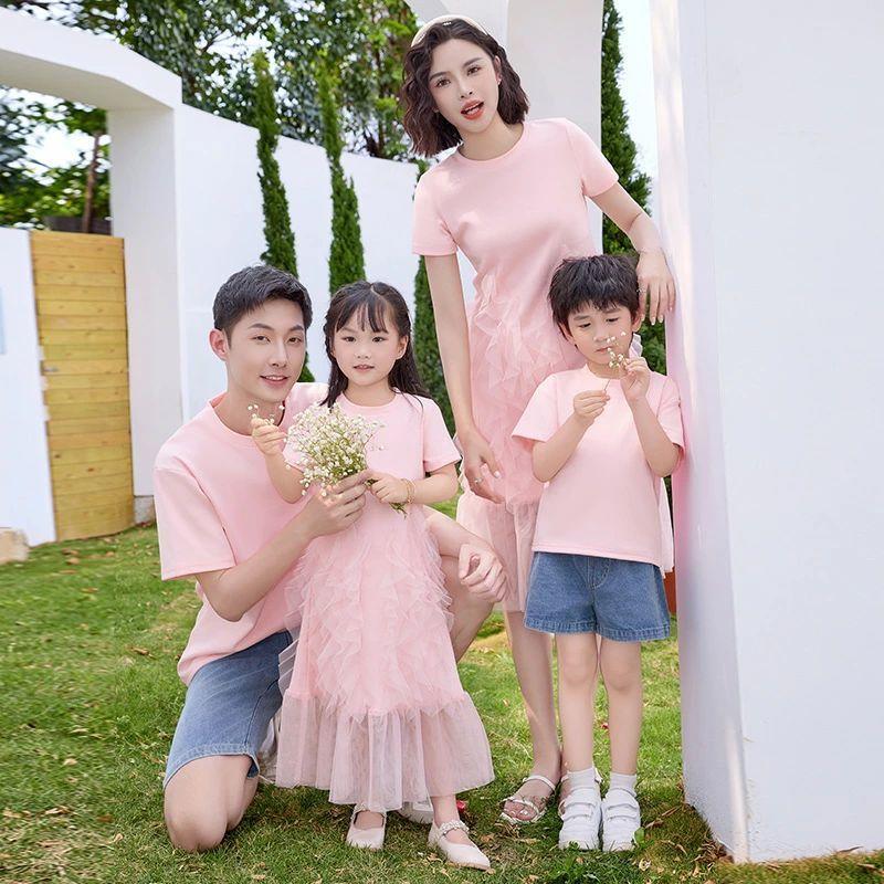 親子 ピンクtシャツ 夏服 レース ワンピース ピンク デニム 半ズボン