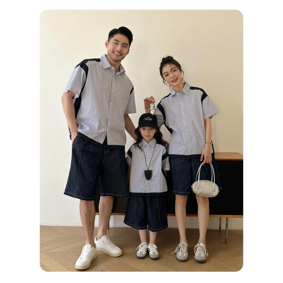 親子 ペアルック 夏服 縞柄 シャツ 半袖 ネイビー デニム パンツ