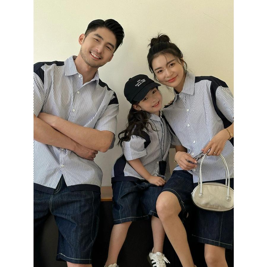 親子 ペアルック 夏服 縞柄 シャツ 半袖 ネイビー デニム パンツ