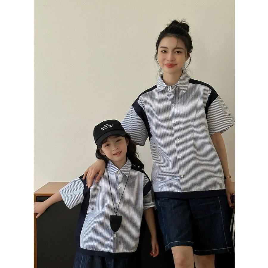 親子 ペアルック 夏服 縞柄 シャツ 半袖 ネイビー デニム パンツ