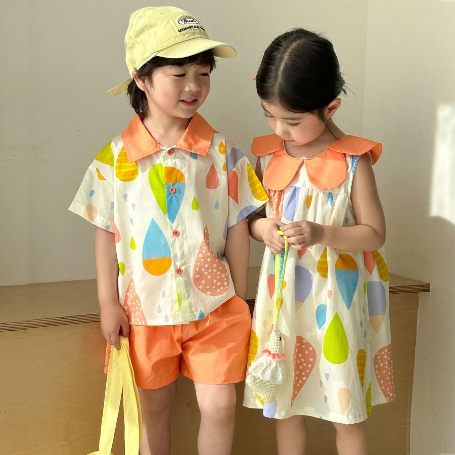 兄妹 お揃い 子供服 ワンピース オレンジ シャツ ハーフパンツ 可愛い