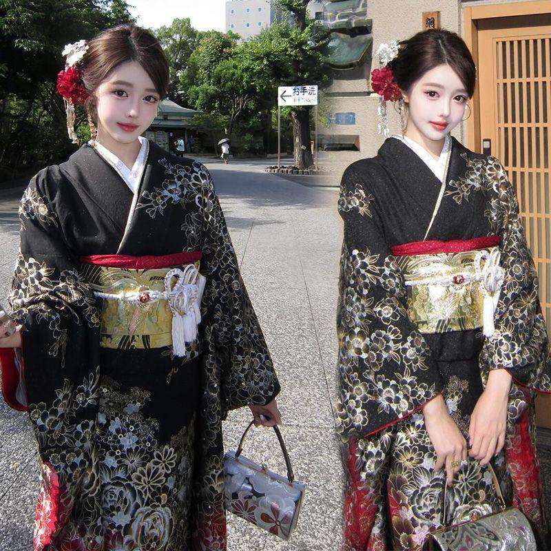浴衣 黒 レディース セット 女性 ゆかた 高校生 大人っぽい ブラック