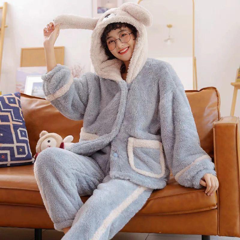 新品！冬新作！可愛いうさぎフード付き、ふわふわ、モコモコ、上下２点セットパジャマ 可愛い 着ぐるみ パジャマ もこもこ うさぎ 冬 ルームウェア