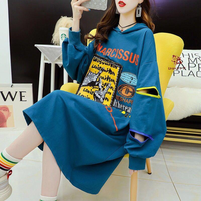 トレーナー ワンピース 体型カバー 綿 薄手 プリント レディース