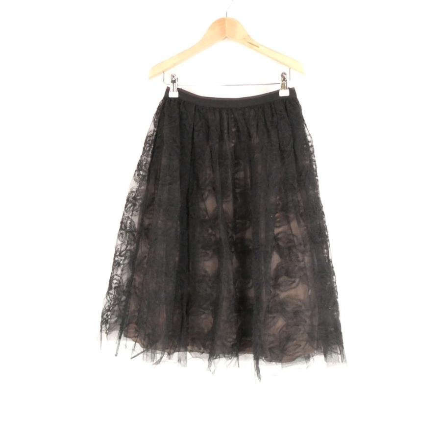 【超美品】FOXEY レースチュール華やかティアードスカート ブラック 40 FOXEY（フォクシー） 美品 39182 レーススカート 38 ナイロン他 ひざ下