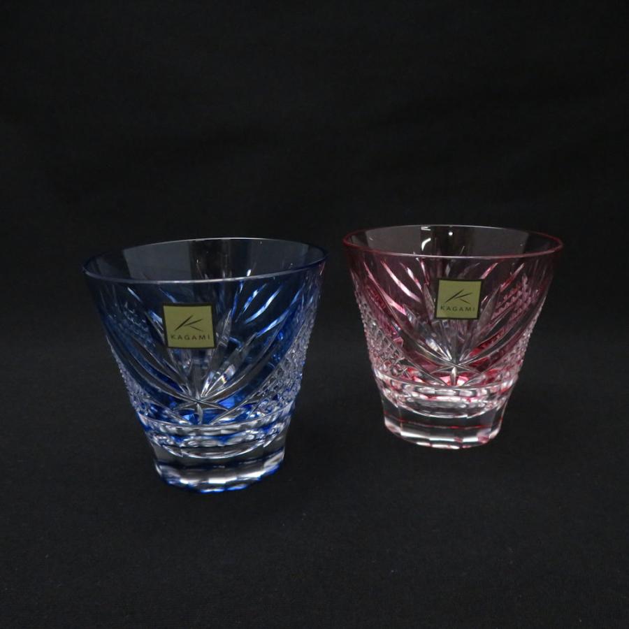 未使用 KAGAMI カガミクリスタル TPS615-2950-AB 江戸切子 富士 冷酒杯 2点 ペア グラス ブルー/レッド 青富士・赤富士 SC11030L1の画像