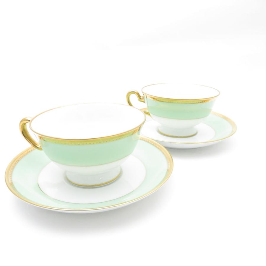 大倉陶園 美品 OKURA 1595 メイグリーン カップ＆ソーサー 2客 ペア 碗