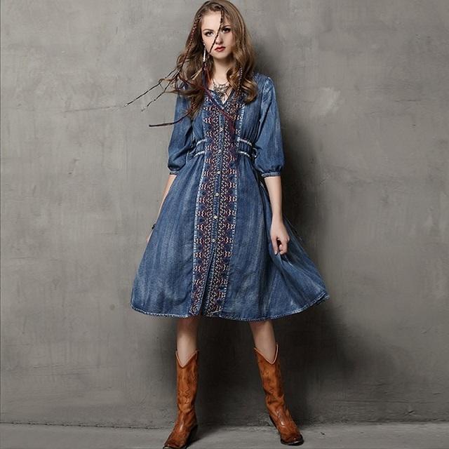 アルベロベロ☆刺繍グレーのデニムワンピース ワンピース ボヘミアン 刺繍 デニムワンピース 結婚式 ドレス