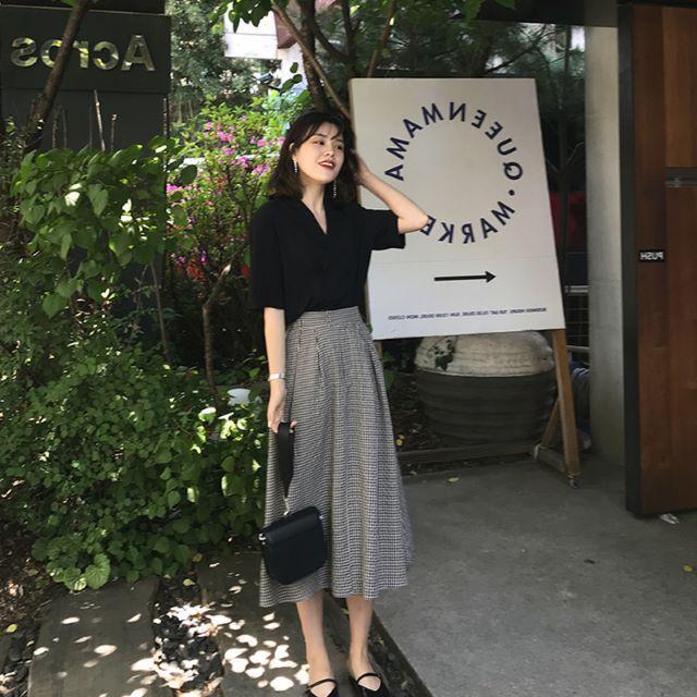 セットアップ レディース ツーピース トップス 半袖 フレア スカート ミディ丈 チェック柄 ゆったり 春 夏 秋 お出かけ かわ大 キレナチュ Sacbqusxge Injurycareresearch Com