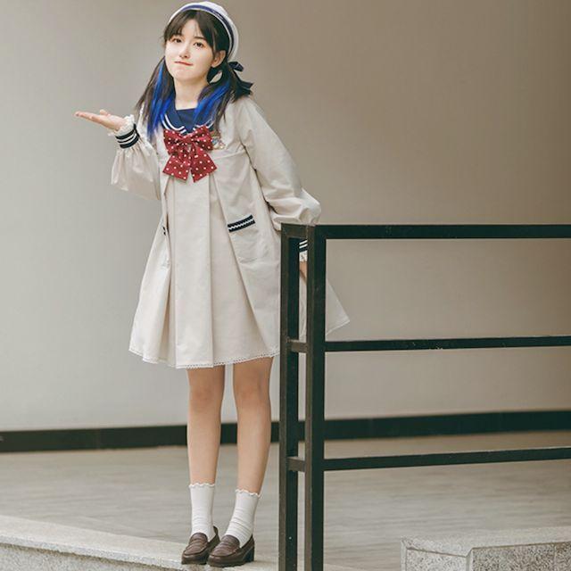 売り尽くしセール ワンピース ミニ丈 ひざ上丈 セーラー リボン フリル 襟 長袖 Aライン かわいい レトロ ガーリー 春 秋 冬 夢かわ 最高の Wjelaser Com