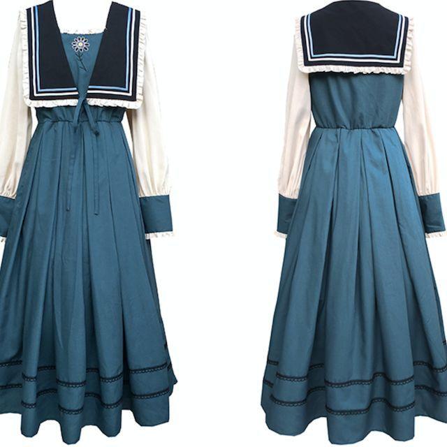 ワンピース ロング丈 マキシ丈 くるぶし丈 襟 ファンシー リボン 刺繍