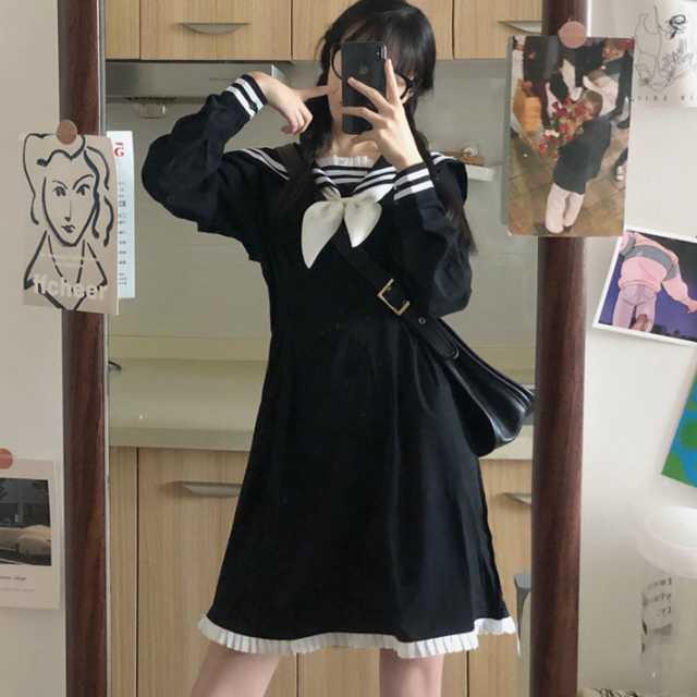 セーラー風ワンピース ワンピース レディース 長袖 セーラー服 フリル 大人かわいい 着痩せ 痩せ見え 夢かわ Op Tkk 0717 Urubei 通販 Yahoo ショッピング