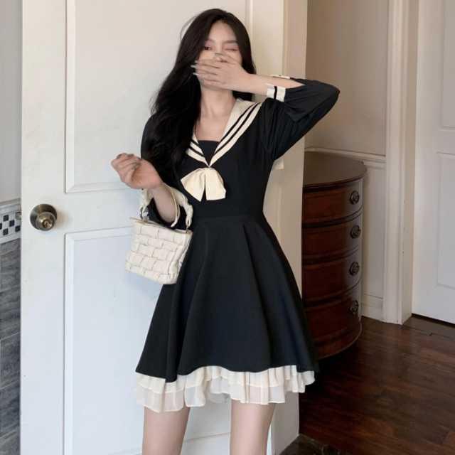 セーラー風ワンピース ワンピース レディース 長袖 セーラー服 ショートワンピース ショート丈 フリル 大人かわいい 着痩せ 痩せ見え 夢かわ Op Tkk 0719 Urubei 通販 Yahoo ショッピング