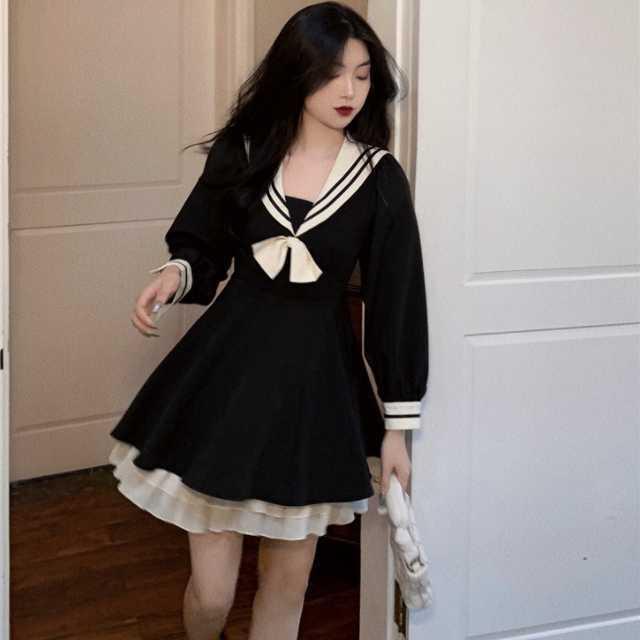 セーラー風ワンピース ワンピース レディース 長袖 セーラー服 ショートワンピース ショート丈 フリル 大人かわいい 着痩せ 痩せ見え 夢かわ Op Tkk 0719 Urubei 通販 Yahoo ショッピング