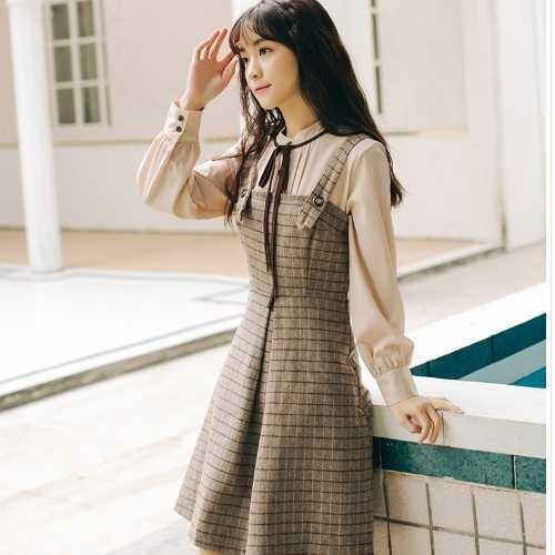 ワンピース ワンピ ツーピース チェック柄 秋 新作 膝丈 ブラウス シャツ リボン ウール ストラップ ブラウン バルーン袖 長袖 ロマ Op Tn 0019 Urubei 通販 Yahoo ショッピング