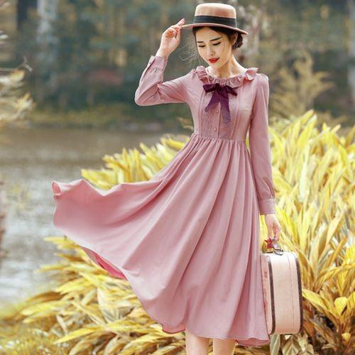 ワンピース シフォンロング丈 長袖 フリル リボン ガーリー 甘め ソリッドカラー 無地 可愛い ふんわり レトロ ロマ Op To 0157 Urubei 通販 Yahoo ショッピング