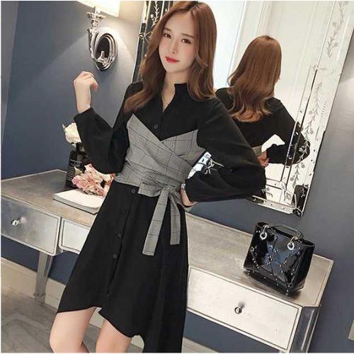 大きいサイズ グレンチェック ワンピース 黒 ドッキング ビスチェ風 Aライン アシメントリースカート 長袖 レディース 韓国 かわ大 カジュドレ Op Ut 0039 Urubei 通販 Yahoo ショッピング