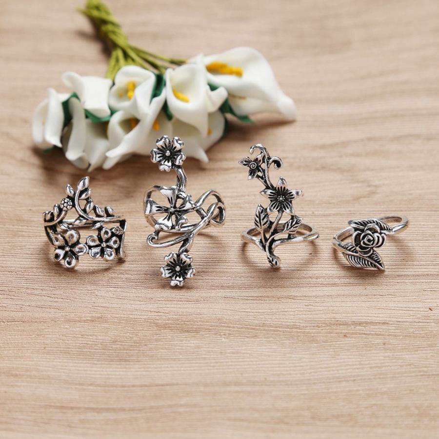 指輪 レディース 4個セット フラワーリング フリーサイズ