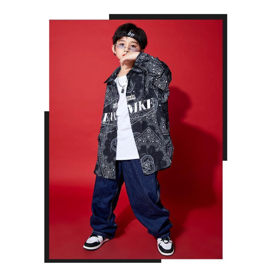 キッズ ダンス衣装 ヒップホップ HIPHOP 花柄シャツ ダンスシャツ デニムパンツ 子供 男の子 女の子 練習着 ジャズダンス 大量注文対応 安い｜urushibara-store｜05