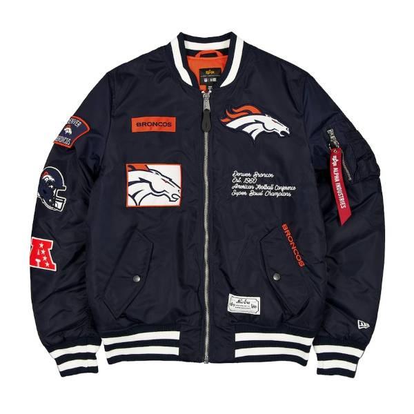 NFL公式 メンズ アウター ジャケット MA-1 スタジャン ジャケット ニューエラ New Era x Alpha Industries デンバー・ブロンコス Denver Broncosの画像