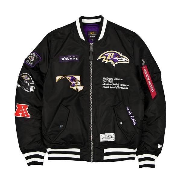 NFL公式 メンズ アウター ジャケット MA-1 スタジャン ジャケット ニューエラ New Era x Alpha Industries ボルティモア・レイブンズ Baltimore Ravensの画像