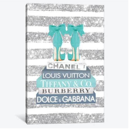 は自分にプチご褒美を Blue Tiffany ティファニー Stripe Glitter Shoes Bow With Books Fashion Teal And ファブリックパネル