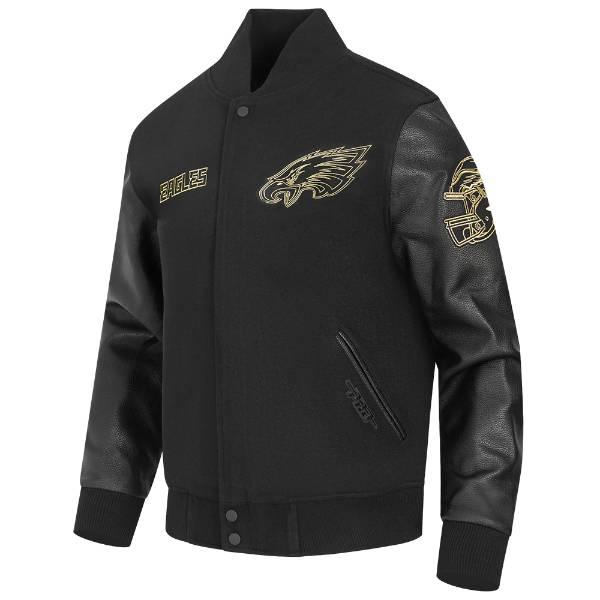 プロスタンダード NFL公式 メンズ アウター ジャケット スタジャン フィラデルフィア・イーグルス PHILADELPHIA EAGLES BLACK & GOLD WOOL VARSITY JACKETの画像