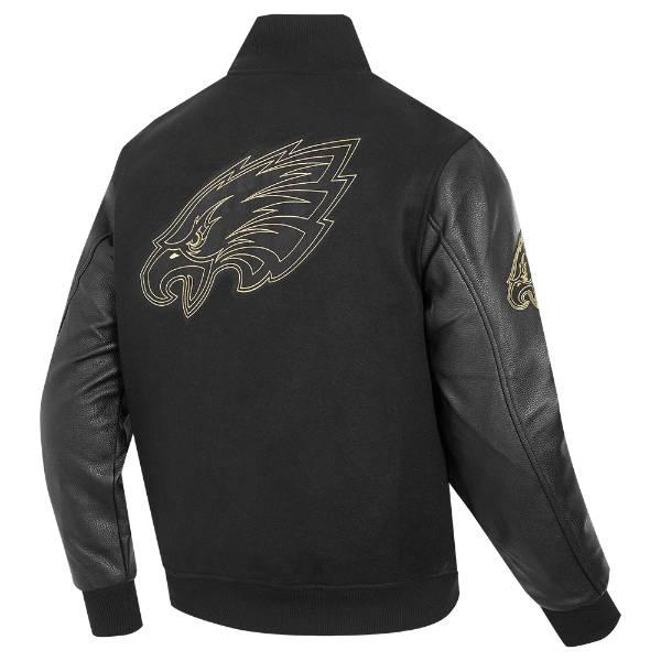 プロスタンダード NFL公式 メンズ アウター ジャケット スタジャン フィラデルフィア・イーグルス PHILADELPHIA EAGLES BLACK & GOLD WOOL VARSITY JACKETの画像