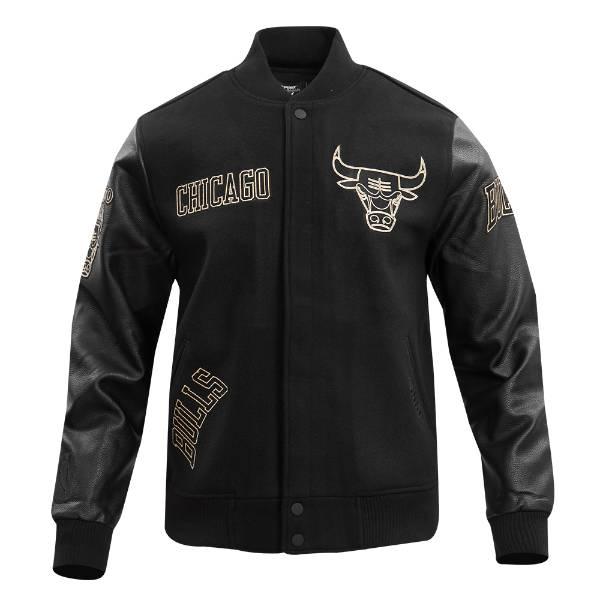 プロスタンダード NBA公式 メンズ アウター バーシティジャケット スタジャン ジャンパー シカゴ・ブルズ CHICAGO BULLS BLACK & GOLD WOOL VARSITY JACKETの画像