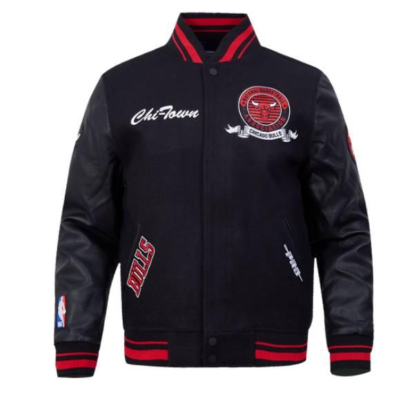 NBA公式 メンズ アウター スタジャン ジャケット ジャンパー プロスタンダード シカゴ・ブルズ CHICAGO BULLS TEAM BADGE MEN'S RIB WOOL VARSITY JACKETの画像