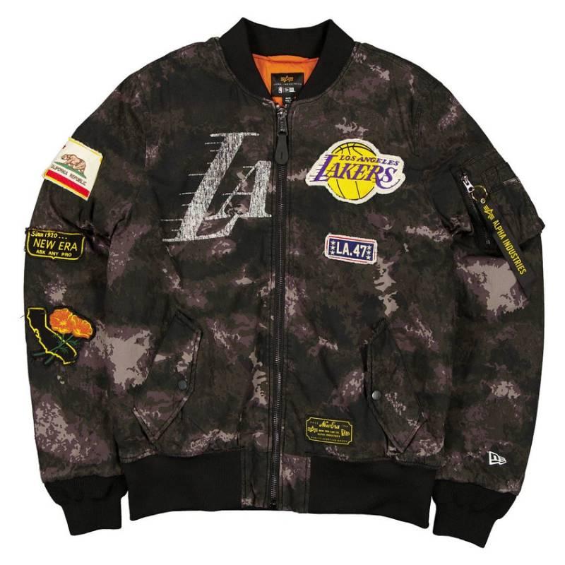 NBA公式 メンズ アウター ジャケット MA-1 スタジャン ボンバージャケット レイカーズ レブロン 八村塁 ルカ・ドンチッチ Lakers ニューエラxアルファの画像