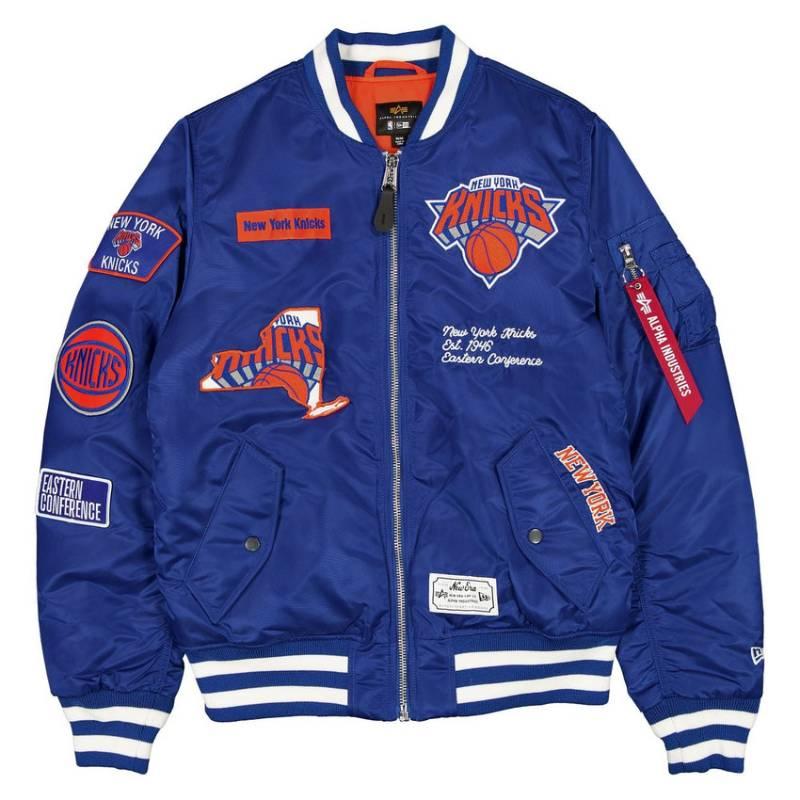 NBA公式 メンズ アウター ジャケット MA-1 スタジャン ボンバージャケット ジャンパー ニューヨーク・ニックス New York Knicks ニューエラxアルファの画像