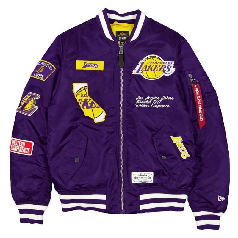 NBA公式 メンズ アウター ジャケット MA-1 スタジャン ボンバージャケット レイカーズ レブロン 八村塁 ルカ・ドンチッチ Lakers ニューエラxアルファの画像