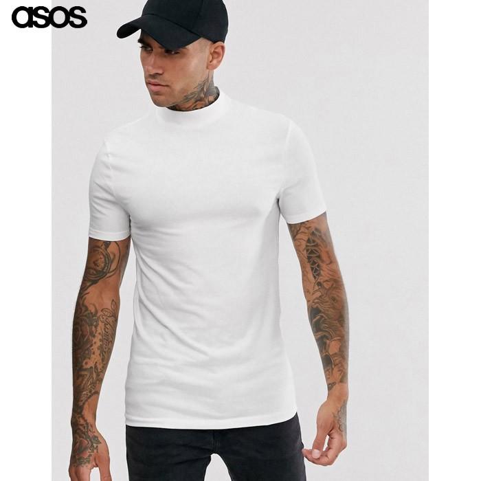 エイソス メンズ ホワイト 半袖 ストレッチ タートルネック Tシャツ