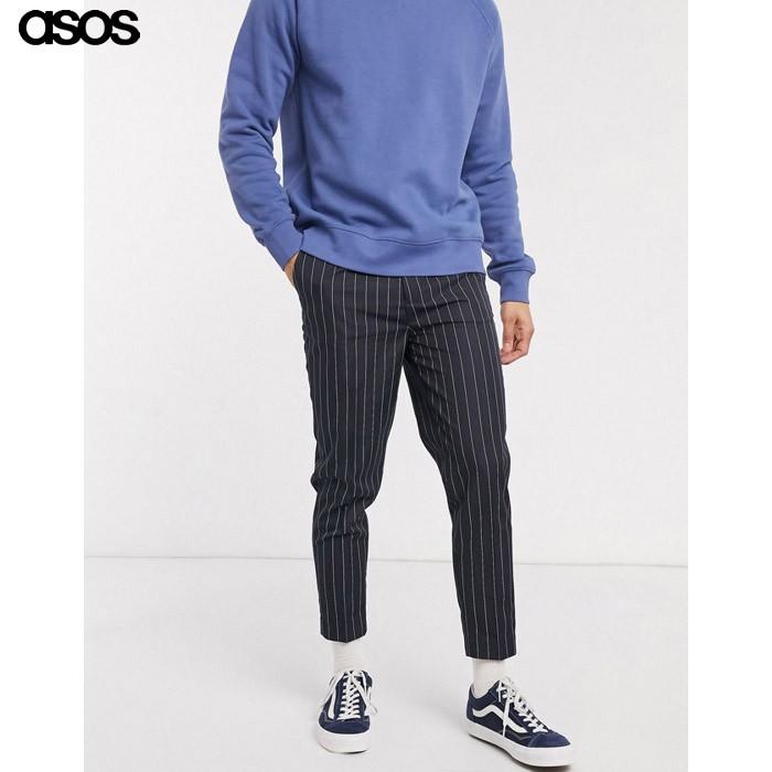 エイソス メンズ ネイビー テーパードパンツ ストライプ スマート Sagaretxe Net