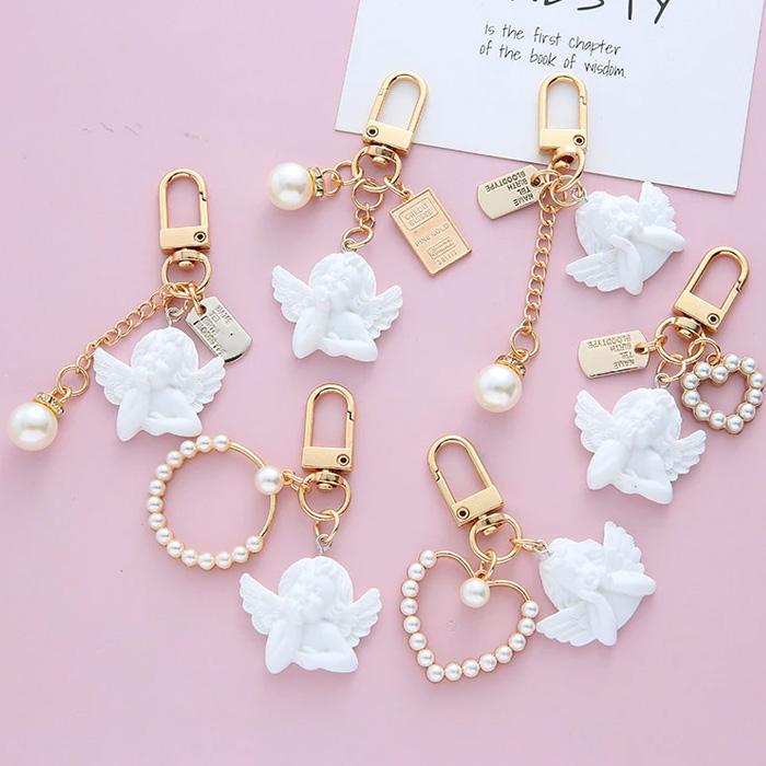 キーホルダー エンジェル 天使 かわいい キュート おしゃれ パール 女の子 女性 キーチェーン キーリング keyholder0019