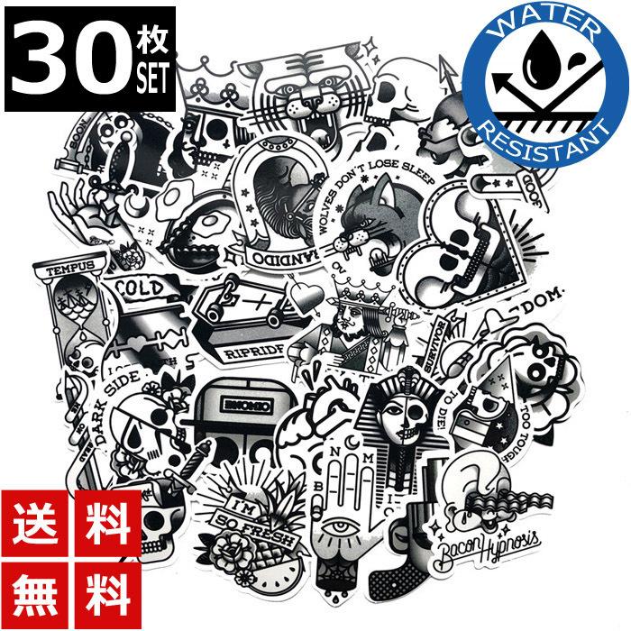30枚 ステッカー モノクロ 髑髏 防水 耐水 シール 詰め合わせ 車 : US