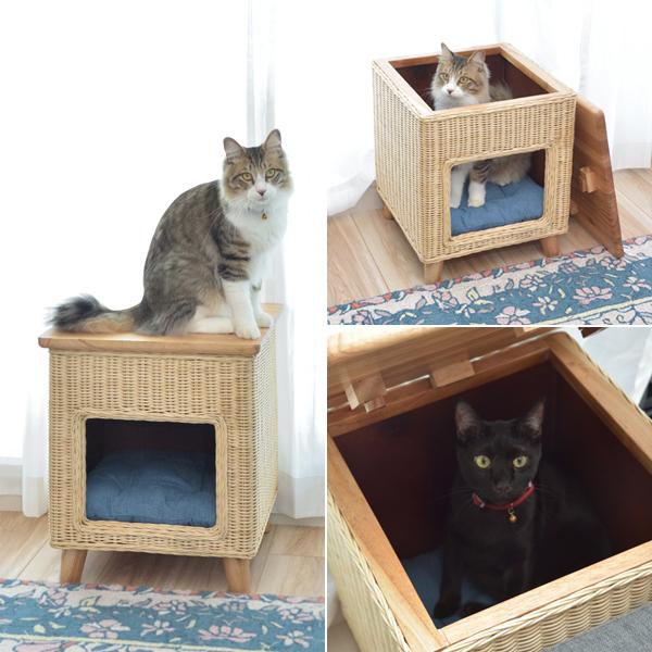 東谷 - 愛玩動物住み処 猫 猫 ねこ 腰かけ 居敷き サイドテーブル 納める 脚付き添い人 室内装飾 カントリー ひな形 ラタン原料品 生まれながら木製 プレイグランド 愛玩動物 座布団付き添い人