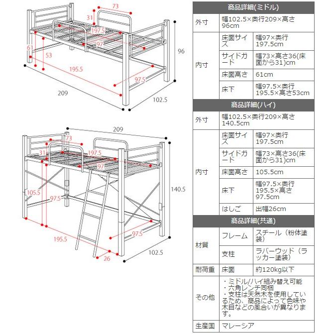 2階建てベッド おしゃれ スタイリッシュ 二階建 ベット ロフトベッド 大人用 子ども用 はしご付き｜usagi-shop｜06