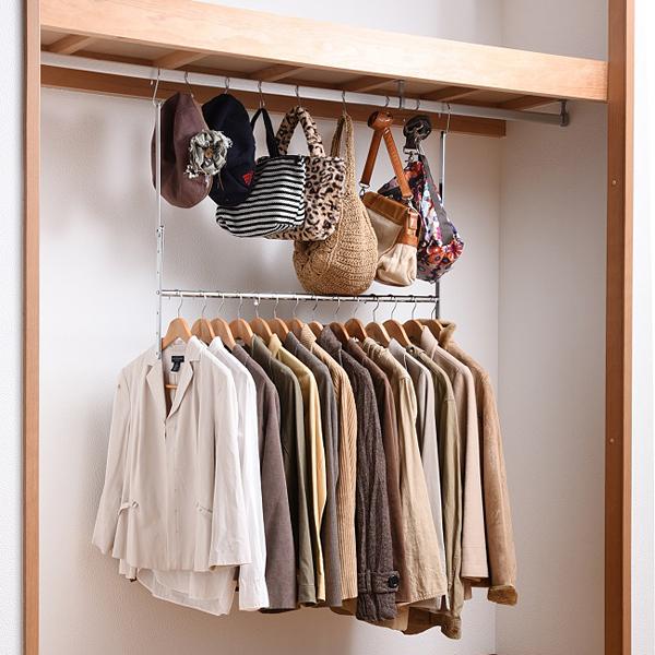 収納ハンガー 2段式 上下 段違い 収納 ハンガー クローゼット 衣装棚 ロッカー ワードローブ 衣裳部屋 衣装箪笥 伸縮ハンガー 収納用品 便利グッズ 吊り下げ式