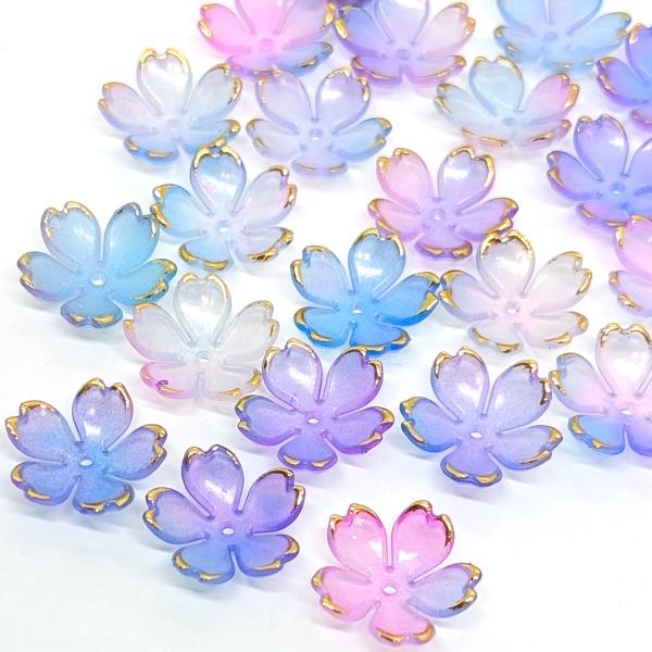桜 ビーズ 18mm 約30個 アクリル製 ブルーピンク系 青 ピンク ゴールド